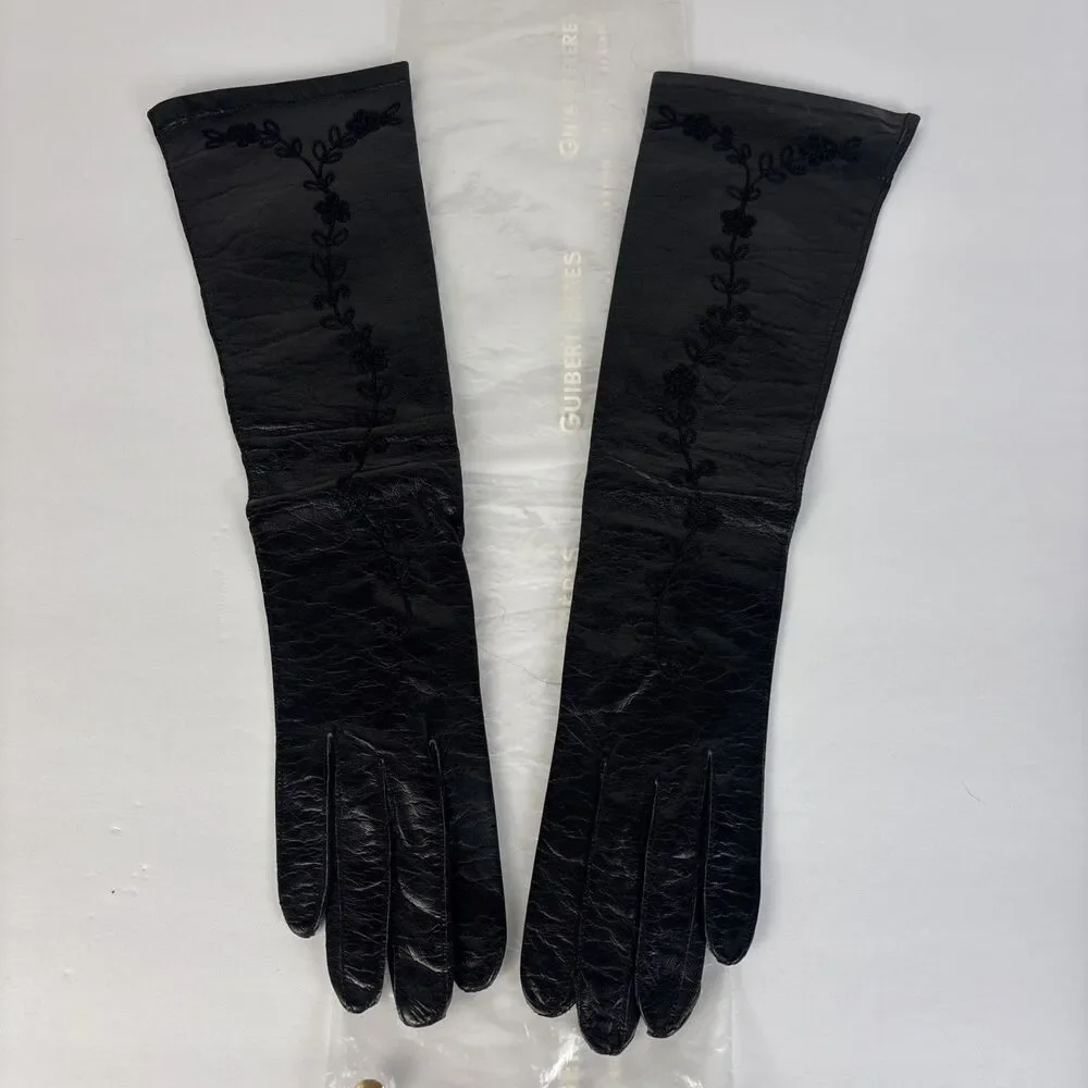 VTG Stix Baer Fuller Black Embroidered Gloves Leather Size 7 Real Kid Elbow